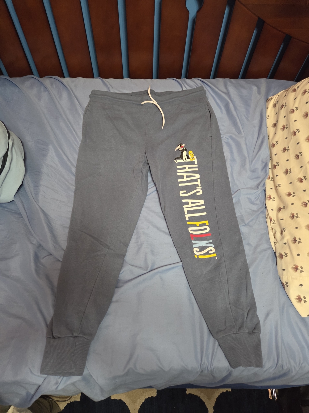 Looney Tunes Blue Sweatpants with  'That's All Folks!' Print Size Womens Large